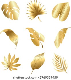 A collection of various golden tropical leaf illustrations including monstera, palm, and fern fronds, featuring a metallic gradient style for luxury decorative design.