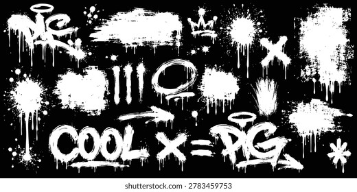 Collection of various graffiti spray paint elements, including drips, splatters, tags, arrows, and shapes, designed for urban street art style.