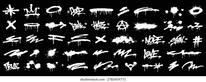 Collection of various graffiti spray paint elements, including tags, drips, splatters, and symbols, isolated on a black background.