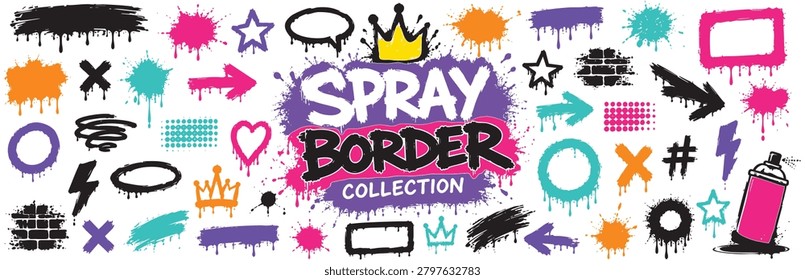 Collection of various graffiti spray paint elements, including paint drips, ink splashes, arrows, frames, and shapes isolated on white background.