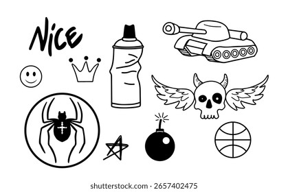 Collection of various graffiti-style black doodle symbols including a skull, tank, spray can, spider, crown and bomb on white background. Vector illustration