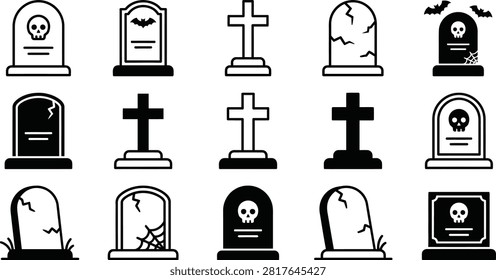 A collection of various gravestone icons presented as a distinctive silhouette style, featuring multiple isolated objects on a transparent background, perfect for Halloween or cemetery-themed graphic design projects.