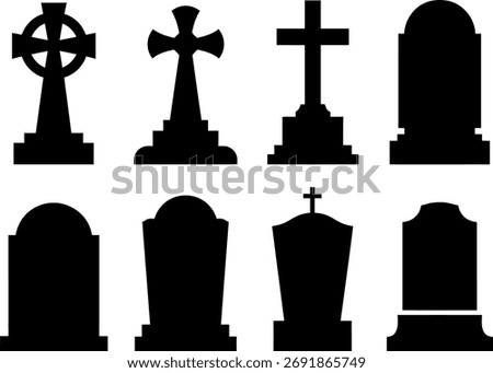 Collection of various gravestone and tombstone silhouettes for cemetery and memorial themes vector