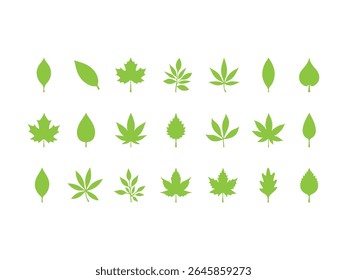 A collection of various green leaf silhouettes arranged in rows against a white background.