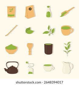 Collection of various green tea-related items, including tea bags, tea leaves, cups, and other utensils, represented as stylized illustrations.