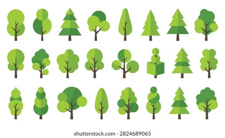 Collection of various green vector trees including pines and broadleaf species in a uniform flat style.