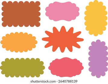Collection of various groovy shapes including rectangle, cloud and star in different colors on a white background. Trendy, vibrant and fun design elements.