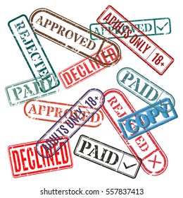 Collection of various grunge rubber stamp, isolated on white background, rectangular shape, vector illustration. Seal approved, rejected, paid, copy, not approved and declined.