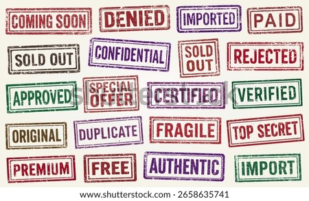 Collection of various grunge style retro stamps. Vintage text rubber stamp set. Denied, fragile, free, top secret, sold out, coming soon, approved. Vector illustration. Isolated on white background.