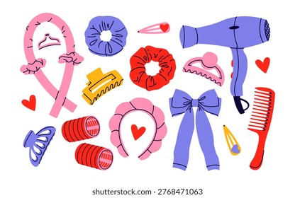 Collection of various hair accessories and styling tools. Scrunchies, claw clips, barrettes, hair curlers, a headband, a hairdryer, a comb and a bow. Flat vector illustration.