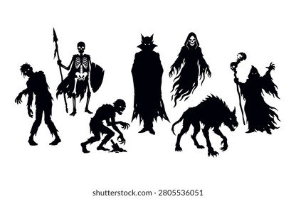 A collection of various halloween monsters and creatures depicted as black silhouettes against a white background, showcasing a distinctive silhouette style.