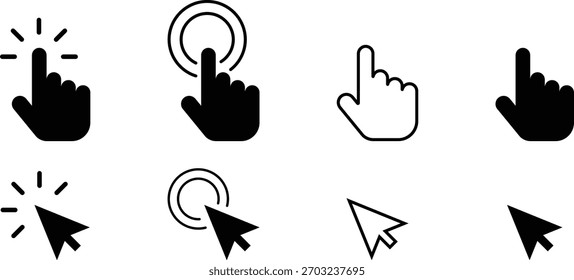 Collection of various hand and arrow cursor icons with loading indicator for web and app, minimal design