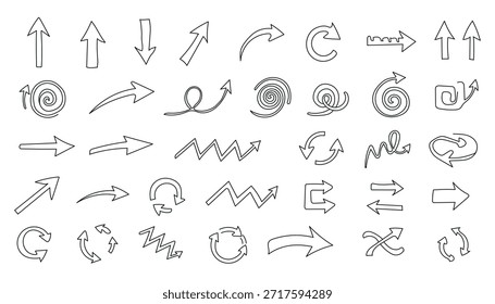 Una colección de varios iconos de flecha dibujados a mano que presentan diferentes estilos como Formas rectas, curvas, circulares, onduladas y en zigzag, perfectas para indicar la dirección o el flujo del proceso.