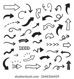 A collection of various hand drawn arrows different styles and directions, showcasing creativity