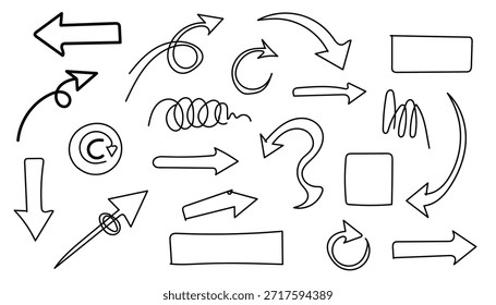 A collection of various hand drawn arrows in different styles like curved, straight, looping, and swirling shapes, perfect for flowcharts or design elements.