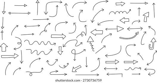 A collection of various hand drawn arrows and pointers in different shapes and directions