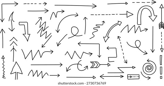 A collection of various hand drawn arrows and pointers in different styles and directions