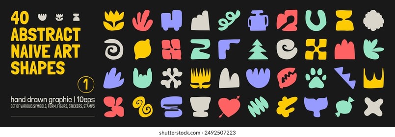 Collection of various hand drawn bizarre abstract geometric unusual shapes, forms in matisse art style, Childish freehand aesthetic, Vector naive doodle primitive object and graphic elements, set 1