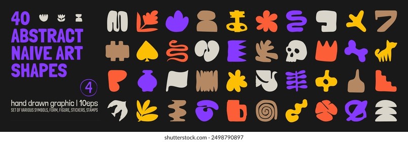 Collection of various hand drawn bizarre abstract geometric unusual shapes, forms in matisse art style, Childish freehand aesthetic, Vector naive doodle primitive object and graphic elements, set 4