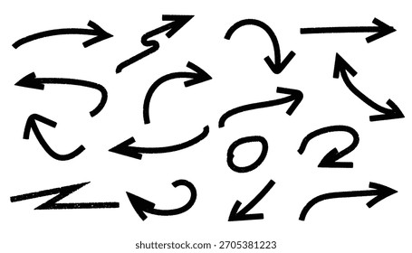 Colección de varios símbolos de flecha negra dibujados a mano y signos dibujados sobre un fondo blanco limpio, perfecto para conceptos de navegación, dirección o marcado en el diseño.