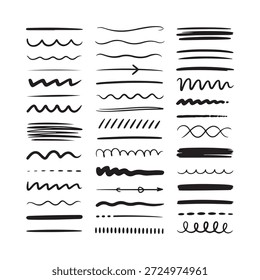 Collection of various hand drawn black brushstroke lines and doodle elements