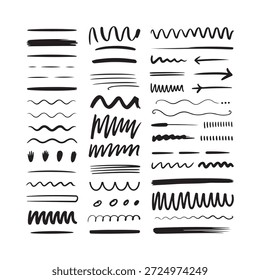 Collection of various hand drawn brush strokes and artistic line elements