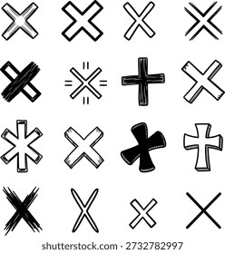 Sammlung verschiedener handgezeichneter Kreuz- und X-Zeichen und Symbole für Zurückweisung und Fehlerzeichen