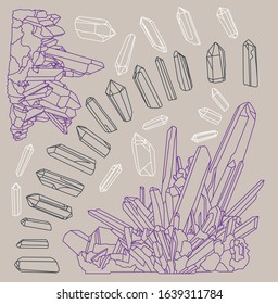 A collection of various hand drawn crystal points and clusters.