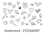 Collection of various hand drawn doodle heart shapes illustrating love romance passion celebration and affection designs scattered across a clean white background perfect for graphic projects.