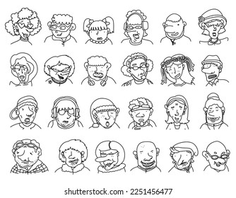 Collection of various hand drawn doodle people - children, teens, adults, seniors. Linear cartoon characters with different emotions. Set of human portraits, comic avatars, diverse faces