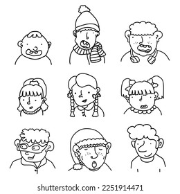 Collection of various hand drawn doodle children - babies, toddlers and teens. Linear cartoon characters with different emotions. Set of people portraits, comic avatars, diverse faces