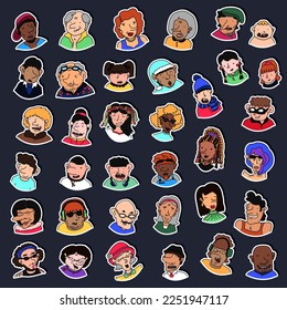 Collection of various hand drawn doodle stickers with people - children, teens, adults, seniors. Labels with cartoon characters with different emotions. Set of badges, patches with human portraits