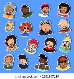 Collection of various hand drawn doodle stickers with people - children, teens, adults, seniors. Labels with cartoon characters with different emotions. Set of badges, patches with human portraits