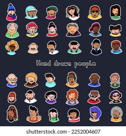 Collection of various hand drawn doodle stickers with people - children, teens, adults, seniors. Labels with cartoon characters with different emotions. Set of badges, patches with human portraits