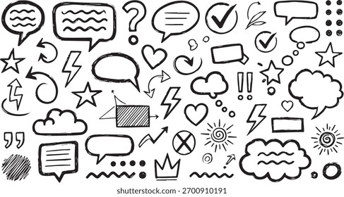 Uma coleção de vários elementos de doodle desenhados à mão, incluindo bolhas de fala, setas, estrelas, corações, nuvens e relâmpagos, perfeito para projetos de design.