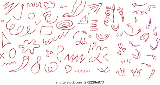 Colección de varios íconos dibujados a mano de doodle y símbolos rojos abstractos para Elementos de diseño