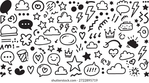 Eine Sammlung von verschiedenen handgezeichneten Doodle-Elemente einschließlich Wolken Sterne Herzen Blitze und Sprechblasen auf weißem Hintergrund