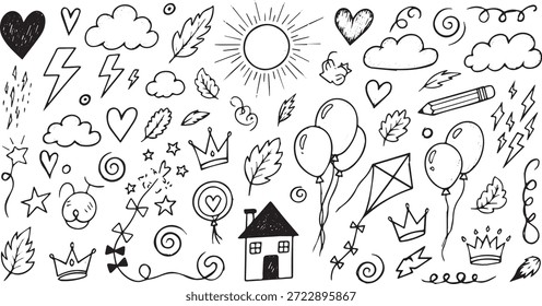 Una colección de varios Elementos de doodle dibujados a mano que incluyen corazones nubes rayos de sol deja estrellas globos en una casa y coronas sobre un fondo blanco