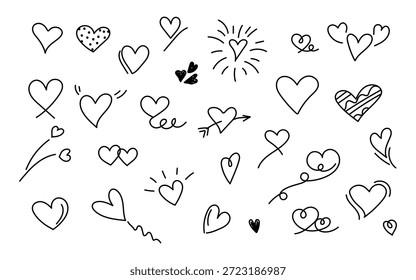 Colección de varias Formas de corazón de doodle dibujadas a mano que ilustran diseños de amor, romance, pasión, celebración y afecto dispersos en un fondo blanco limpio perfecto para proyectos gráficos.