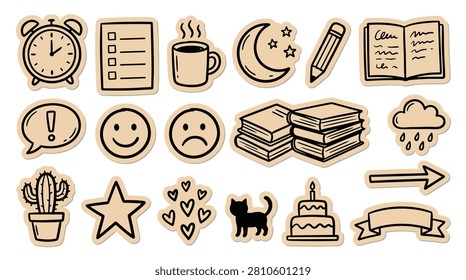 Collection of various hand drawn doodle stationery stickers including alarm clock coffee cup pencil notebook cloud rain cactus star cat and birthday cake isolated on white background perfect for bullet journal planner and scrapbook digital decoration.