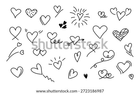 Collection of various hand drawn doodle heart shapes illustrating love romance passion celebration and affection designs scattered across a clean white background perfect for graphic projects.