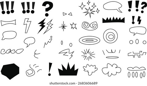 a collection of various hand drawn doodles including speech bubbles and symbols