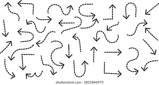 A collection of various hand drawn dotted arrows featuring different shapes and directions, perfect for design elements, infographics, and navigation.