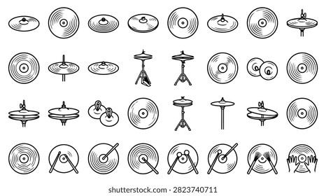 A collection of various hand drawn drum cymbals and drumsticks in a sketched style