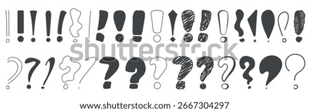 Collection of various hand drawn exclamation and question marks in different styles, ideal for creative design, communication, and education projects, isolated on white background vector illustration