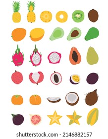 Colección de varios frutos exóticos de color plano, dibujados a mano, aislados en un fondo blanco.