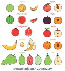 Colección de frutas planas y dibujadas a mano aisladas en un fondo blanco.