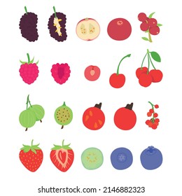 Collection of various hand drawn, flat colored berries, isolated on a white background.