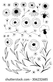 Collection of various hand - drawn flowers and leaves on white background.