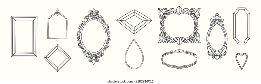 A collection of various hand drawn frames and borders of different sizes and shapes.  Vector illustration. All elements are isolated.